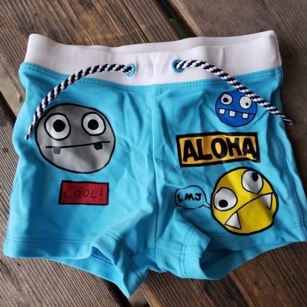 LITTLE MARC JACOBS SZ 18M GUC (vague piling) TURQUOIS w/ FACE print swim shorts